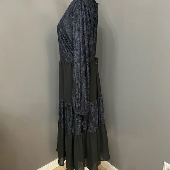 Velvet Burn Out Black/Blue Chiffon Tiered Midi Dress W/Slip Sheer Oversized L - Picture 3 of 17